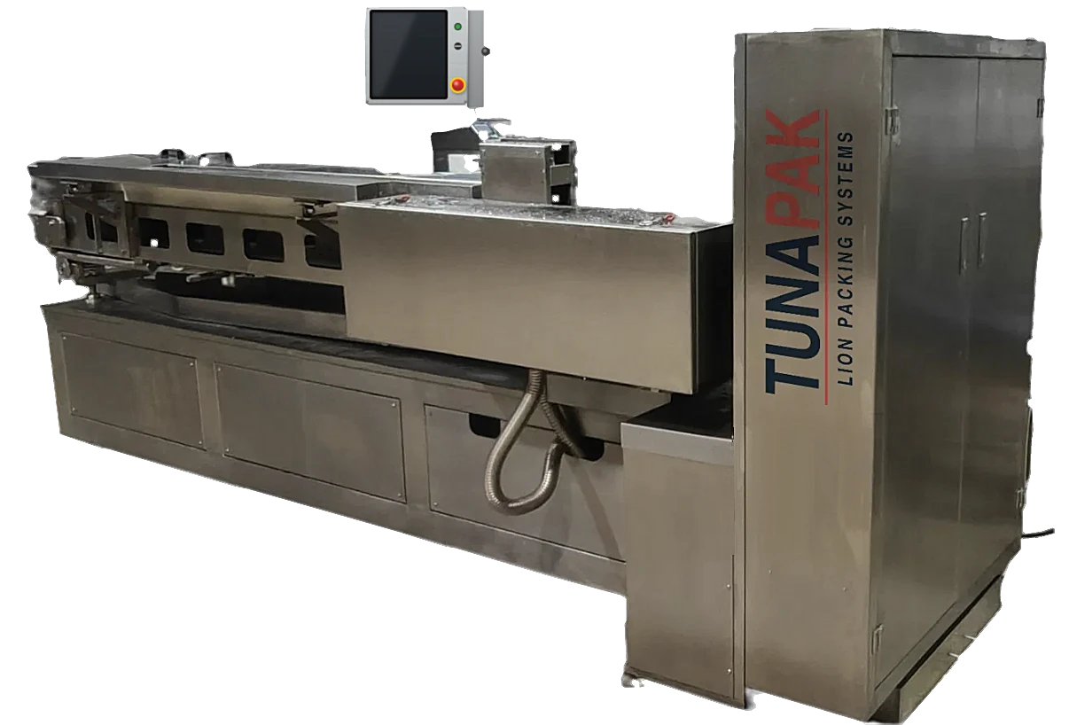 TunaPak tuna can filling machine, stainless steel, with the TunaPak brand on the control cabinet